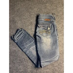 Almost Famous Skinny Jeans Womens 7 Blue Denim Whiskered Distressed Button Fly